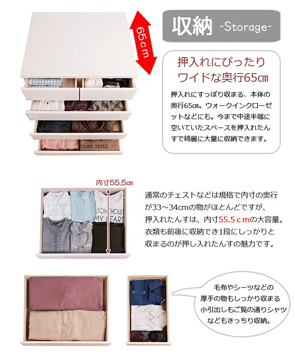 押入れたんす 幅75cm 奥行65cm 4段 ホワイト 国産 完成品 [3]