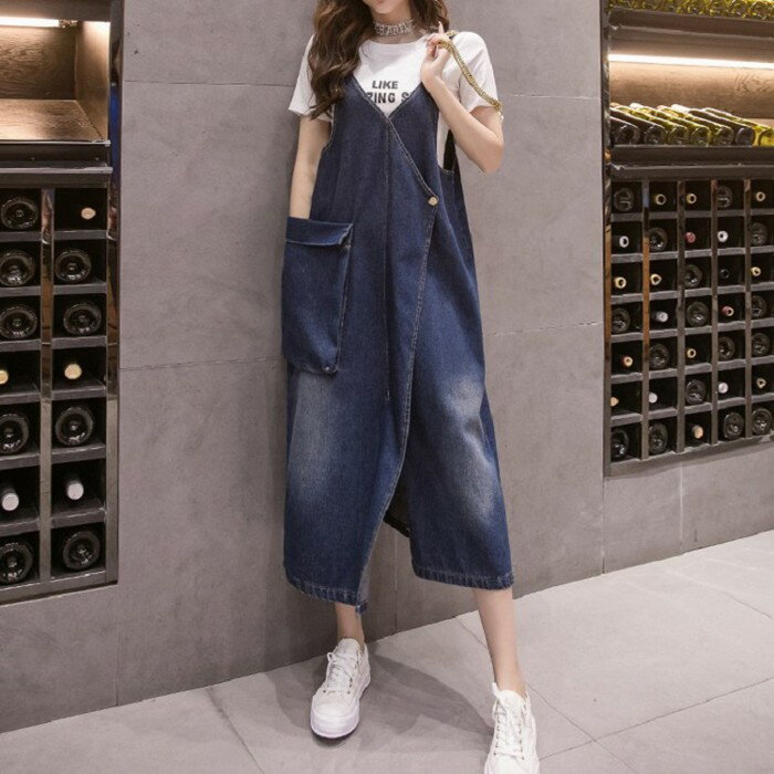 デニム ワンピース レディース 膝丈 大きいサイズ デニムスカート オールインワン ジャンパースカート ロング丈 スリット Vネック リゾート お出かけ デート...