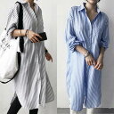 ワンピース ミモレ丈 カジュアル 長袖 おしゃれ レディース 可愛い マニッシュ ワンピ ドレス デイリー リラックス ストライプ シンプル ブルー ブラック ...