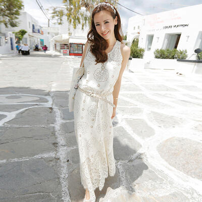 白 ワンピース ロング カジュアル ナチュラル マキシ丈 エレガント ノースリーブ きれいめ おしゃれ レディース ドレス レース Aライン お出かけ リゾート...