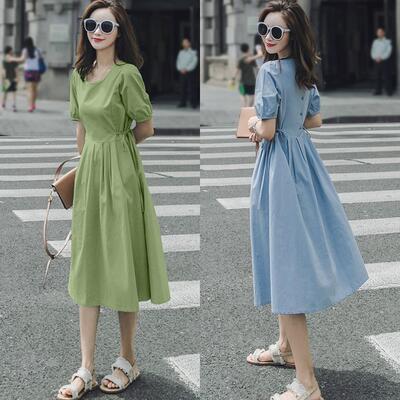 リネン ワンピース ナチュラル 半袖 薄手 涼しい コットン カジュアル おしゃれ レディース 麻 ドレス Aライン バックボタン フェミニン シンプル 小さい...