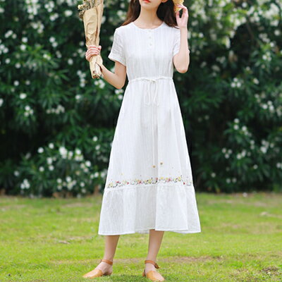 リネン ワンピース ナチュラル 刺繍 半袖 薄手 涼しい コットン 綿 体型カバー カジュアル おしゃれ 袖あり ミモレ丈 秋 レディース ロング丈 ワンピ ひ...