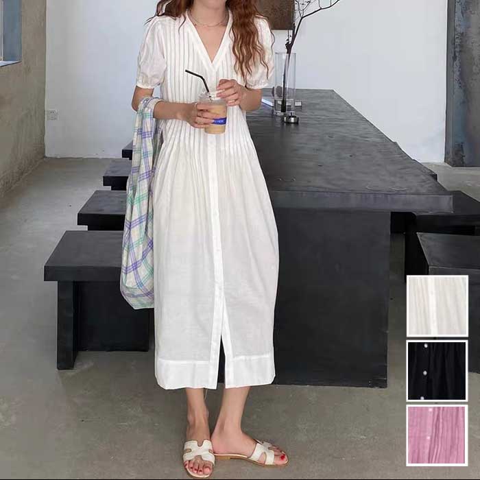 ワンピースレディース カジュアル きれいめ ロング丈 ミモレ丈 おしゃれ 半袖 可愛い ワンピ ドレス パフスリーブ 薄手 涼しい Aライン フェミニン プリー...