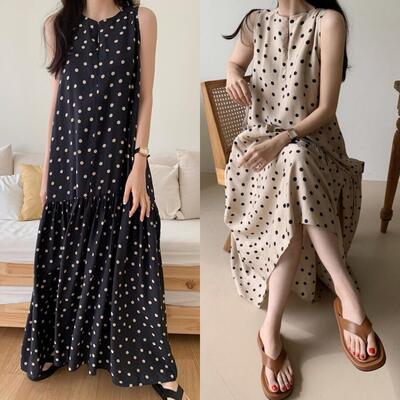 ティアード ワンピース マキシ丈 ロング丈 カジュアル ノースリーブ おしゃれ 夏 レディース ドレス ジッパー Aライン フェミニン ドット 春 春夏 秋 リ...