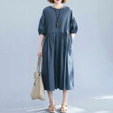 ワンピース レディース カジュアル おしゃれ きれいめ パフスリーブ シンプル ワンピ ドレス ひざ下丈 ミモレ丈 ハイウエスト フェミニン リラックス ブルー...