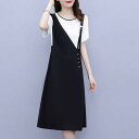 ワンピース カジュアル ひざ丈 袖あり レイヤード風 きれいめ 半袖 おしゃれ レディース 可愛い フェミニン ワンピ ドレス ゆったり 体型カバー Tシャツワ...