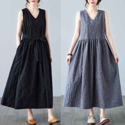 リネン ワンピース ナチュラル カジュアル ロング丈 おしゃれ レディース 可愛い フェミニン ドレス ノースリーブ Aライン ドット ゆったり 綿 麻 ウエス...