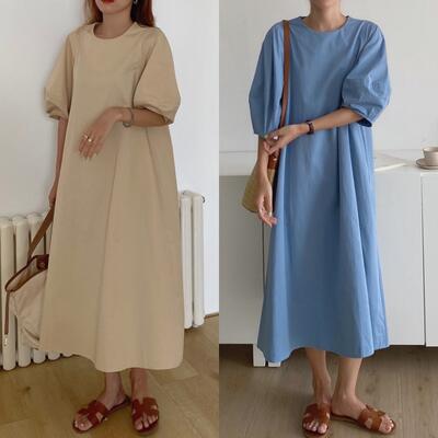 ワンピース カジュアル ミモレ丈 パフスリーブ おしゃれ レディース 可愛い フェミニン Aライン ワンピ ドレス 五分袖 ナチュラル リラックス シンプル ブ...