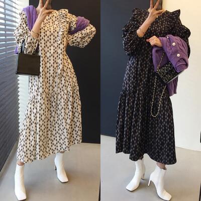 ティアード ワンピース エレガント 袖あり カジュアル ミモレ丈 フリル プリント柄 おしゃれ レディース 可愛い フェミニン 長袖 ワンピ ドレス ゆったり ...