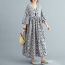 ワンピース エレガント 袖あり カジュアル ロング丈 クラシカル おしゃれ レディース 可愛い ボリューム袖 フェミニン 7分袖 ワンピ ドレス ゆったり 体型...