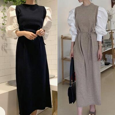 レイヤード ワンピース レディース カジュアル きれいめ パフスリーブ 袖あり 切り替え ミモレ丈 おしゃれ ドレス エレガント袖コンシャス ウエストリボン 体型カバー ベージュ ブラック 黒 春 秋 冬 20代 30代 40代 50代