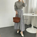 ティアード ワンピース レディース レイヤード風 袖あり 長袖 きれいめ スウェット ロング丈ピ ドレス ストライプ柄 Aライン ハイウエスト ブラック 黒 グレー カーキ 春 秋 冬 20代 30代 40代 50代