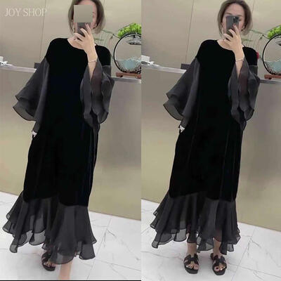 ワンピース レディース ベルベット フレアスリーブ 袖あり 長袖 きれいめ フリル ロング丈 ドレス Aライン袖コンシャス ボリューム袖 ゆったり エレガント ...