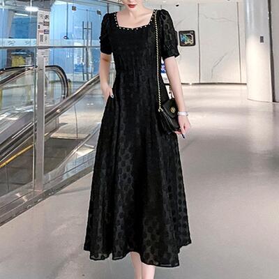 ワンピース フォーマル ドット柄 レディース 袖あり 半袖 きれいめ スクエアネック ミモレ丈 おしゃれ 可愛い クラシカル フェミニン エレガント ワンピ ド...