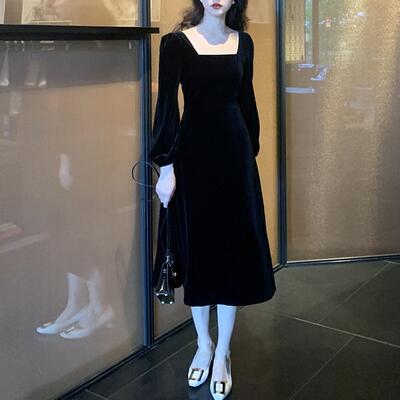 ワンピース ベルベット レディース 袖あり 長袖 きれいめ カジュアル ミモレ丈 おしゃれ 可愛い ハイウエスト フェミニン エレガント ワンピ ドレス スクエ...