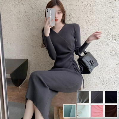 ニット ワンピース ロングワンピ レディース 袖あり 長袖 きれいめ カジュアル ミモレ丈 Vネック シンプル ドレス スリム グレー ピンク ホワイト 白 ブ...