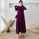 ニット ワンピース エレガント 袖あり きれいめ カジュアル ロング丈 おしゃれ レディース ドレス ロングワンピ 体型カバー シンプル ナチュラル パープル ...