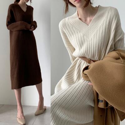 ニット ワンピース 袖あり きれいめ カジュアル ミモレ丈 おしゃれ レディース リブ ドレス Aライン ウエストベルト 大きいサイズ シンプル ブラウン ホワ...