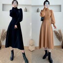 パフスリーブ ニット ワンピース 袖あり きれいめ カジュアル ロング丈 おしゃれ レディース 可愛い ミモレ丈 ドレス Aライン ハイウエスト ハイネック シンプル イエロー ブラック 黒 春 秋 冬 20代 30代 40代 50代