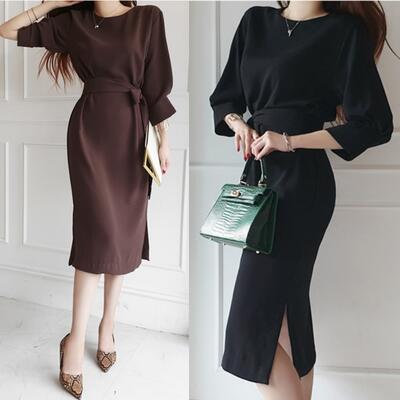 ワンピース ロングワンピ きれいめ カジュアル ミモレ丈 おしゃれ レディース 可愛い エレガント ボリューム袖 フェミニン ドレス ウエストリボン 体型カバー...