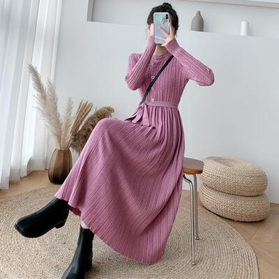 ニット ワンピース ロングワンピ きれいめ カジュアル ミモレ丈 長袖 ウエストリボン プリーツ レディース ドレス エレガント ハイウエスト ブラウン ベージ...