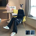 セットアップ ニット トップス パンツ カットソー 長袖 レディース ワイドレッグ ロングパンツ 着回し シンプル プルオーバー リラックス フェミニン ブラッ...