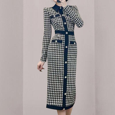 ワンピース ニット ロングワンピ 千鳥格子柄 エレガント カジュアル ミモレ丈 長袖 レディース ドレス タイト スリム 大人可愛い フェミニン ブラック 春 ...