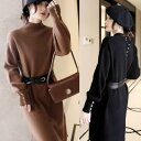 ニット ワンピース ロングワンピ ハイネック エレガント カジュアル ミモレ丈 長袖 レディース ドレス ひざ丈 ハイウエスト ウエストベルト おしゃれ フェミ...