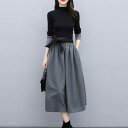セットアップ 2点セット ニット トップス ハイネック スカート ウエストリボン ミモレ丈 配色 切り替え 長袖 カジュアル フェミニン フレア 大きいサイズ ...