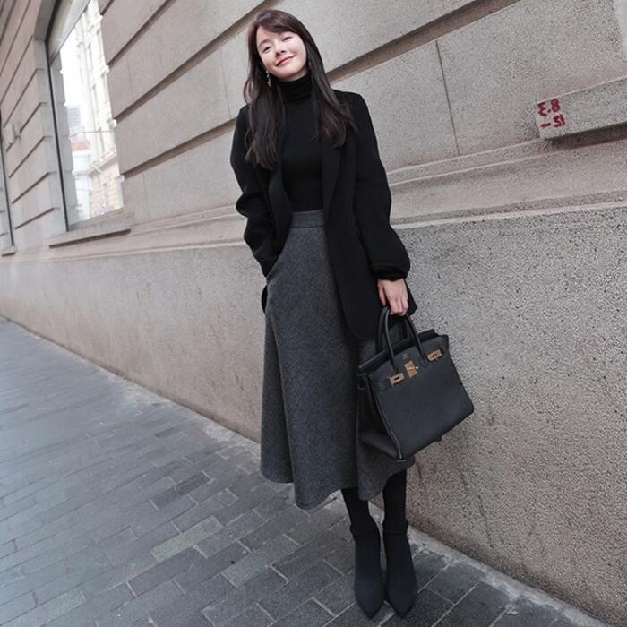 ウール混 スカート レディース フレアスカート ヘリンボーン きれいめ エレガント カジュアル ミモレ丈 シンプル フェミニン 大人可愛い お出掛け 通勤 オフ...