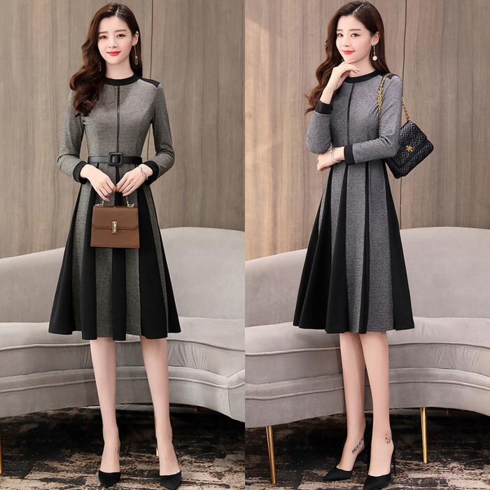 ワンピース ロングワンピ バイカラー 袖あり エレガント ひざ丈 きれいめ レディース ドレス 長袖 楽ちん ハイウエスト お呼ばれ 大きいサイズ ブラウン グレー 黒 春 秋 夏 20代 30代 40代 50代