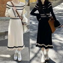 ニット ワンピース ロングワンピ フレアスリーブ ミモレ丈 フリル きれいめ レディース ワンピ ドレス カジュアル 大人可愛い ボーダー Aライン フェミニン ハイウエスト ベージュ ブラック 黒 春 秋 冬 20代 30代 40代 50代