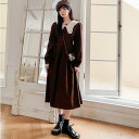 ワンピース ロングワンピ 袖あり ミモレ丈 ハイウエスト パフスリーブ コーデュロイ ビッグカラー レディース ワンピ ドレス 長袖 大人可愛い Aライン ウエストリボン カジュアル ブラウン 春 秋 冬 20代 30代 40代 50代