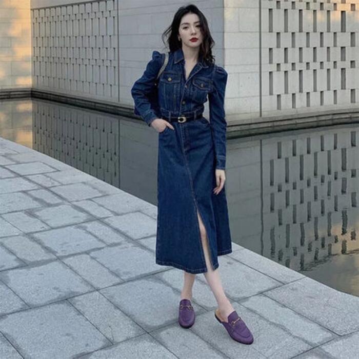 デニム ワンピース ロングワンピ 袖あり ミモレ丈 ハイウエスト パフスリーブ レディース ワンピ ドレス 長袖 大人可愛い Aライン シャツワンピ カジュアル シンプル おしゃれ 大きいサイズ ブルー 青 春 秋 冬 20代 30代 40代 50代