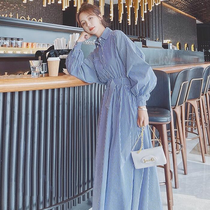 【一部即納】ワンピース ロングワンピ シャツワンピ 袖あり 長袖 ロング丈 ストライプ レディース ワンピ ドレス 大人可愛い おしゃれ カジュアル フェミニン...