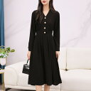 ワンピース 袖あり ロングワンピ ミモレ丈 Vネック レディース ワンピ ドレス 長袖 きれいめ 大人可愛い ハイウエスト 切り替え カジュアル フェミニン ブラック オフィス お呼ばれ 黒 春 秋 夏 冬 20代 30代 40代 50代