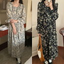 ワンピース 袖あり ロングワンピ ミモレ丈 レディース ワンピ ドレス 長袖 ボタニカル 花柄 きれいめ 大人可愛い ウエストリボン シフォン カジュアル フェミニン ゆったり おしゃれ ベージュ ブラック 黒 春 秋 冬 20代 30代 40代 50代(4)