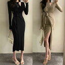 ワンピース 袖あり ロングワンピ ミモレ丈 レディース ワンピ ドレス 長袖 ラップ カシュクール きれいめ 大人可愛い ウエストリボン タイト カジュアル フェミニン スリム おしゃれ カーキ ブラック 黒 春 秋 冬 20代 30代 40代 50代