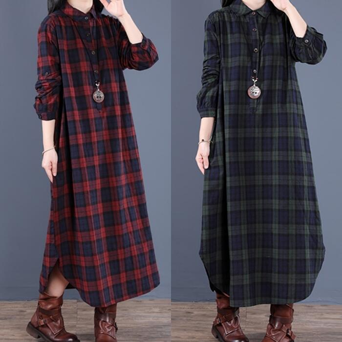 ワンピース 袖あり ロングワンピ チェック ミモレ丈 レディース ワンピ ドレス 長袖 シャツワンピース きれいめ 大人可愛い カジュアル フェミニン ゆったり...