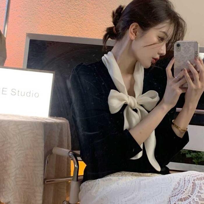 トップス ベルベット ボウタイ ブラウス シャツ レディース きれいめ カジュアル 長袖 リボンタイ おしゃれ 大人 可愛い ナチュラル フェミニン エレガント...