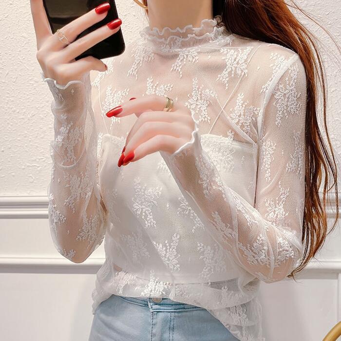 重ね着 インナー トップス レディース きれいめ カジュアル おしゃれ Tシャツ 薄手 カットソー レース フリル レイヤード 長袖 大人 可愛い 上品 ベージ...