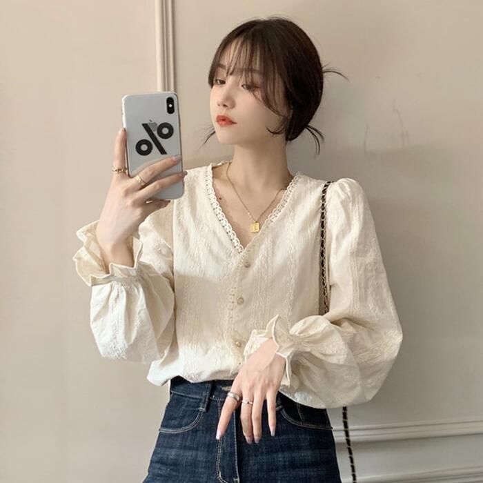 トップス レディース きれいめ カジュアル おしゃれ 薄手 カットソー ブラウス シャツ レース 長袖 大人 可愛い Vネック ナチュラル クラシカル ガーリー...
