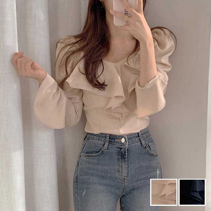 トップス シャツ ブラウス ラッフル フリル レディース エレガント カジュアル 長袖 おしゃれ 大人 可愛い フェミニン タイト ガーリー パフスリーブ クラ...