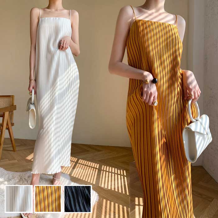 ワンピース キャミソール ワンピース ロングワンピ ロング丈 プリーツ レディース ドレス ノースリーブ 大人 可愛い ゴールド ホワイト 白 ブラック 黒 春...