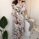 ティアード ワンピース ボウタイワンピース ロング丈 おしゃれ 袖あり ミモレ丈 長袖 カジュアル レディース ワンピ ドレス きれいめ 体型カバー 花柄 レトロ 大人 可愛い 透け感 ベージュ 春 夏 秋 20代 30代 40代 50代