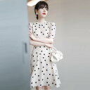 ワンピース パフスリーブ ドット柄 ロングワンピ おしゃれ 袖あり ひざ丈 半袖 カジュアル レディース ワンピ ドレス きれいめ Aライン ハイウエスト クラ...