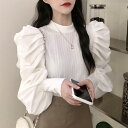 袖コンシャス トップス シャツ ブラウス パフスリーブ 切り替え レディース きれいめ カジュアル 長袖 おしゃれ 大人 可愛い フェミニン スタンドカラー 異素材ミックス ブラック 黒 ホワイト 白 春 冬 秋 20代 30代 40代 50代