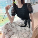ワンピース セパレート風 ロングワンピ おしゃれ 袖あり ひざ丈 半袖 カジュアル レディース ワンピ ドレス きれいめ ドッキング 花柄 レース ハイウエスト ウエストリボン 大人 可愛い 透け感 ブラック 黒 春 夏 秋 20代 30代 40代 50代