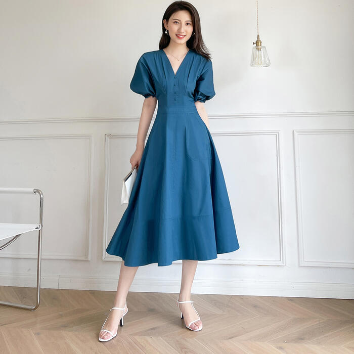 パフスリーブ ワンピース ロングワンピ 袖あり おしゃれ ミモレ丈 きれいめ カジュアル 半袖 レディース ワンピ ドレス ハイウエスト シンプル フェミニン ...