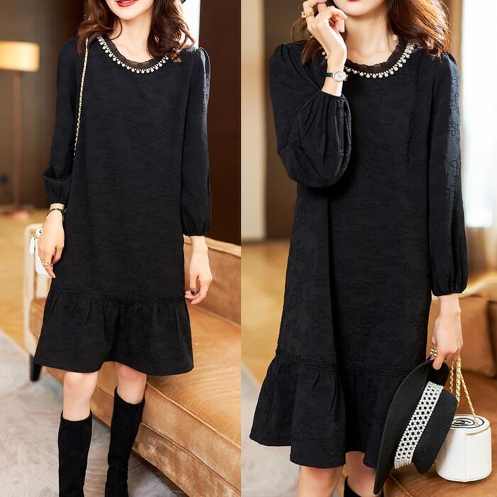 ワンピース 袖あり 長袖 ビジュー エレガント 花柄 レディース ワンピ ドレス きれいめ フェミニン ティアード 大人 可愛い フレア ゆったり 体型カバー ...